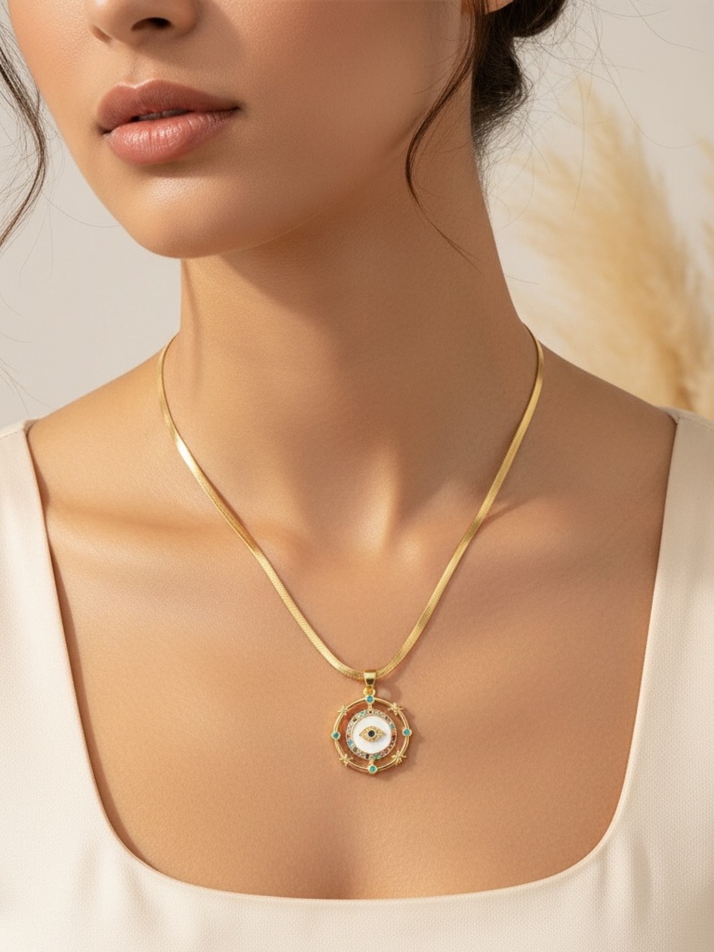 18k Gold- Plated Evil Eye Pendant Necklace with CZ Accents. New. - Picture 4 of 11